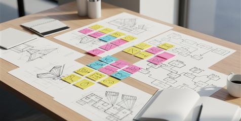 Mesa de trabajo con notas y bocetos de descubrimiento